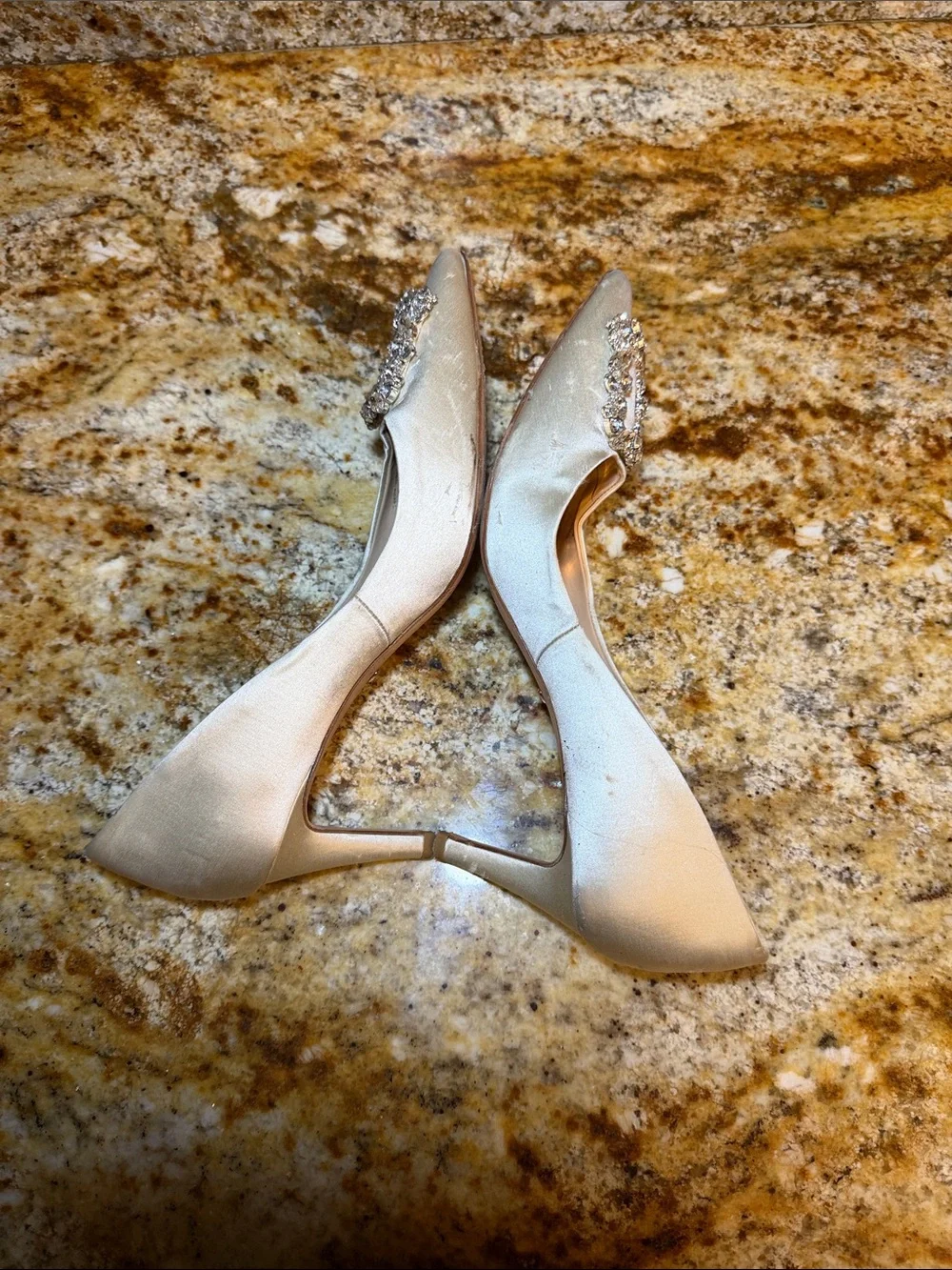 Badgley Mischka Ivory Satin Pointed Toe Embellished Pumps